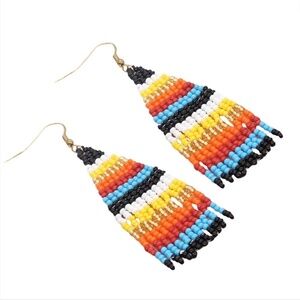 Red, Yellow & Blue Striped Miyuki Seed Bead Tasseled Drop Earrings